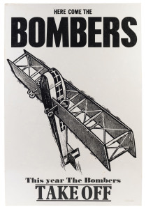 ESSENDON: "Here come the BOMBERS - This year The Bombers TAKE OFF" preliminary artwork proof in black & white, for an unissued poster for the Herald-Sun, to which a small copyright symbol and "1972 Joe Greenberg" has been added at lower right. 77 x 51cm. Believed to be unique; coming from the Estate of the artist who died in 2007.