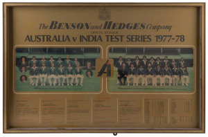 Benson & Hedges review of Australian home season framed promotional posters, comprising 1977 Test Centenary (damaged frame), 1977-78 Australia v India Test Series, 1979-80 featuring Test Series against West Indies & England, 1980-81 featuring Test Series against New Zealand and India, 1981-82 spotlighting Test Series against West Indies and Pakistan, 1982 Centenary of the Ashes, 1983-84 featuring 5-Test Series against Pakistan, 1984-85 featuring 5-Test Series against West Indies,