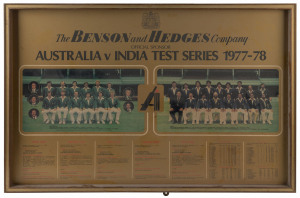 Benson & Hedges review of Australian home season framed promotional posters, comprising 1977 Test Centenary (damaged frame), 1977-78 Australia v India Test Series, 1979-80 featuring Test Series against West Indies & England, 1980-81 featuring Test Series 