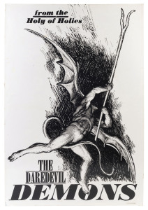MELBOURNE: "from the Holy of Holies The Daredevil DEMONS" preliminary artwork proof in black & white, for an unissued poster for the Herald-Sun, to which a small copyright symbol and "1972 Joe Greenberg" has been added at lower right. 77 x 51cm. Believed to be unique; coming from the Estate of the artist who died in 2007.