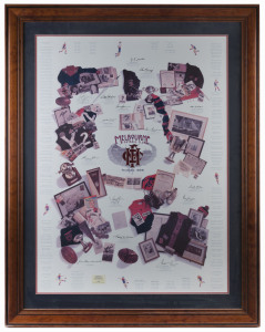 MELBOURNE F.C. - "GREAT MOMENTS" POSTER: highlighting club achievements and star players with 15 signatures including Jack Mueller, Ron Barassi, Jim Stynes, Don Cordner, Robert Flower, Garry Lyon & Percy Beames; with CofA numbered #368 of 501; framed & glazed, overall 88x114cm.
