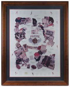 MELBOURNE F.C. - "GREAT MOMENTS" POSTER: highlighting club achievements and star players with 15 signatures including Jack Mueller, Ron Barassi, Jim Stynes, Don Cordner, Robert Flower, Garry Lyon & Percy Beames; with CofA numbered #368 of 501; framed & gl