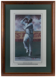SHANE WARNE: print by Hall (1994) showing Warne in delivery stride, signed by Warne and by the artist, limited edition, numbered #364 of 500, window mounted framed & glazed, overall 64x92cm. Purchased at the Lindsay Hassett Club Luncheon (Oct. 1997).