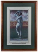 SHANE WARNE: print by Hall (1994) showing Warne in delivery stride, signed by Warne and by the artist, limited edition, numbered #364 of 500, window mounted framed & glazed, overall 64x92cm. Purchased at the Lindsay Hassett Club Luncheon (Oct. 1997).