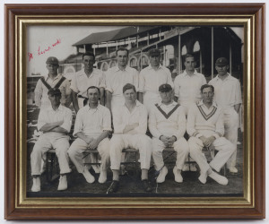 1926 ENGLAND TEAM v AUSTRALIA: Official photograph taken at Lords, Fifth Test, 14th August 1926, signed in red by Harold Larwood, standing at far left. Framed & glazed, overall 24 x 29cm.England won the match by 289 runs with Larwood taking 3 wickets in each innings.