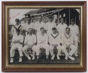 1926 ENGLAND TEAM v AUSTRALIA: Official photograph taken at Lords, Fifth Test, 14th August 1926, signed in red by Harold Larwood, standing at far left. Framed & glazed, overall 24 x 29cm.England won the match by 289 runs with Larwood taking 3 wickets in e