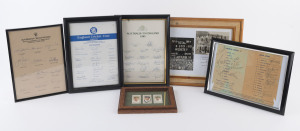 A small collection comprising of signed Official Team sheets for England 1982-83, Australia to England 1985, Australia to West Indies (facsimilies), and most unusually, VICTORIAN COUNTRY (9 signatures) v SOUTH AFRICA (14 signatures); all framed and glazed; also 2 other framed items. (6 frames).