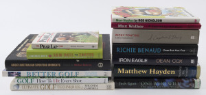 LITERATURE: 1980s-2000s selection including CRICKET: hardbound "Matthew Hayden: Standing My Ground", "One Who Will; The Search for Steve Waugh" by Jack Egan, "Arm-Ball to Zooter - a Sideways Look at the Language of Cricket" by Booth, softbound "A Captain's Diary: My First Year" by Ricky Ponting; GOLF: hardbound "Ultimate Golf Techniques" by Malcolm Campbell, "How to Hit Every Shot" published by Golf Magazine, softbound "Better Golf" by Newell, Foston & Atha