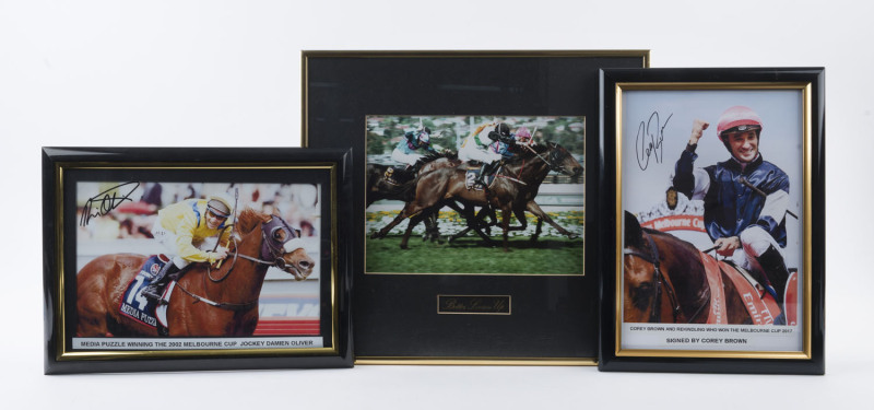 HORSE RACING PHOTOGRAPHS: comprising "Media Puzzle Winning 2002 Melbourne Cup" signed by jockey Damien Oliver, "Corey Brown and Rekindling who won the Melbourne Cup 2017" signed by Brown; also "Better Loosen Up", Australia's 1991 Champion Racehorse unsig