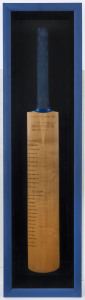 PRIME MINISTERS XI v NEW ZEALAND (2001): full-sized cricket back signed by both competing teams including Australians Michael Clarke, Brad Haddin, Greg Blewitt & Shane Watson and New Zealanders Stephen Fleming (Capt.), Chris Cairns & Daniel Vettori, plus Prime Minister JOHN HOWARD at base; signatures more or less faded; mounted in attractive display case, overall 26x101cm.