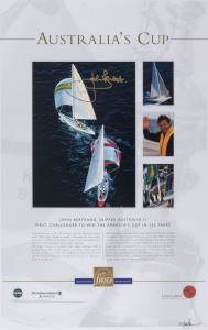 1983 AMERICA'S CUP - JOHN BERTRAND: lithographic print (34x54cm) commemorating Australia II's 1983 America's Cup win under skipper Bertrand, signed in gold ink by Bertrand; with CofA, being a limited edition numbered #292 of 500.