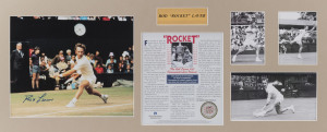 ROD "ROCKET" LAVER: display, window mounted on card, featuring player biography, three black & white images and a large colour image (29x24cm) of the player, the latter SIGNED BY LAVER; with CofA, numbered #796 of 1000; overall 81x34cm.