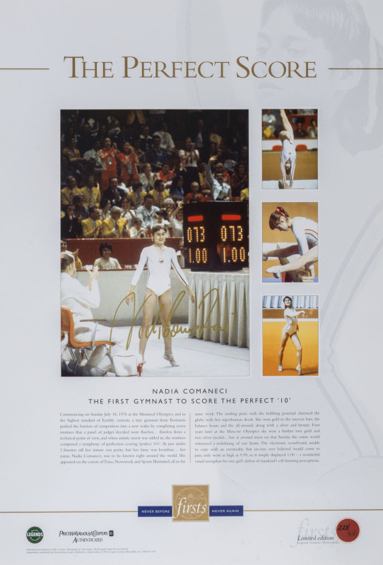 GYMNASTICS - NADIA COMANECI: lithographic print (35x51cm) commemorating "The Perfect Score", for being the first gymnast to score the perfect "10", boldly signed in gold ink by Comaneci; with CofA, limited edition numbered #228 of 500.