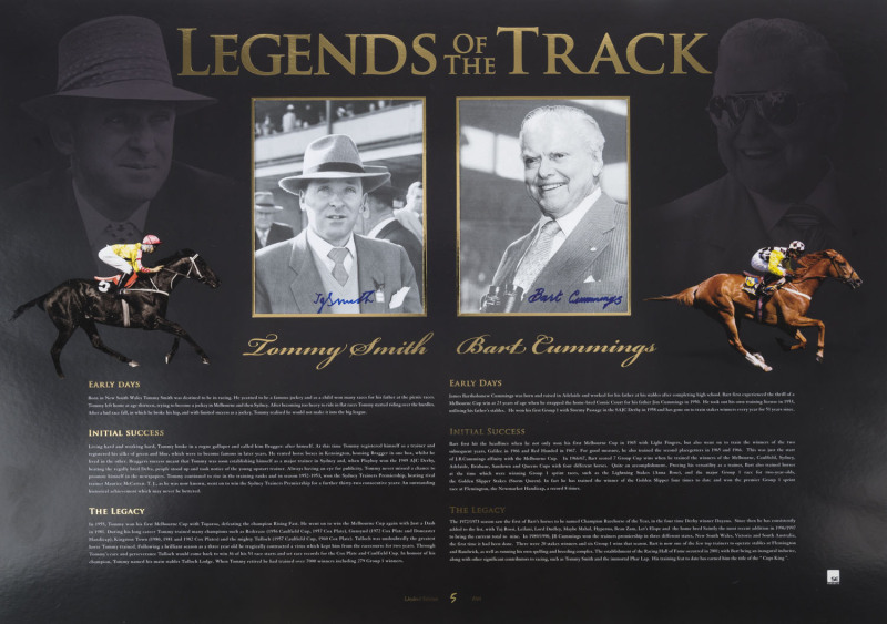 "LEGENDS OF THE TRACK" - BART CUMMINGS & TOMMY SMITH: unmounted display featuring Bart Cummings and Tommy Smith signatures on separate photographs, with CofA, numbered #5 of 500.