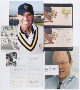 PLAYER SIGNATURES: with philatelic cover for 1992-93 Sheffied Shield Centenary signed by Captains including Geoff Marsh, Mark Taylor, Ian Healy & Jamie Siddons; plus signatures on plain cards (7), including Arthur Morris, Neil Harvey, Ian Chappell & Doug Waters; signed photographs comprising Tony Grieg (2) one a large colour (20x25cm), Shane Warne large colour (20x30cm) & Sir Richard Hadlee. (12 items)