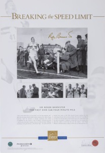 ATHLETICS - ROGER BANNISTER: lithograhic print (34x50cm) commemorating "The First Ever Sub-Four Minute Mile", signed in gold ink by Bannister in 2001; with CofA, limited edition numbered #239 of 500.