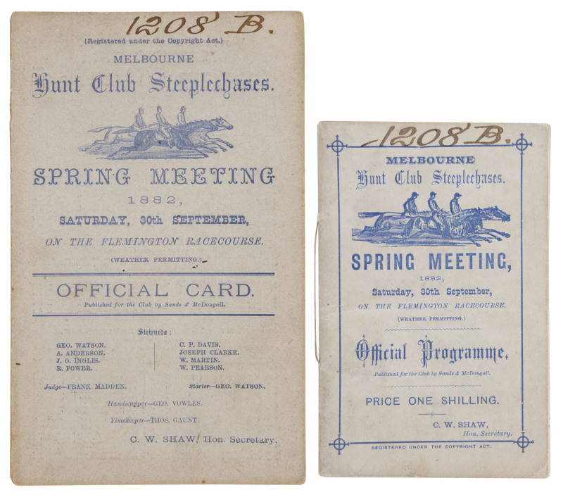 1882 SPRING MEETING Official Programme MELBOURNE HUNT CLUB STEEPLECHASES: "Melbourne Hunt Club Steeplechases. Spring Meeting 1882, Saturday, 30th September, on the Flemington Racecourse. Official Programme"; together with bi-fold "Official Card" listing t