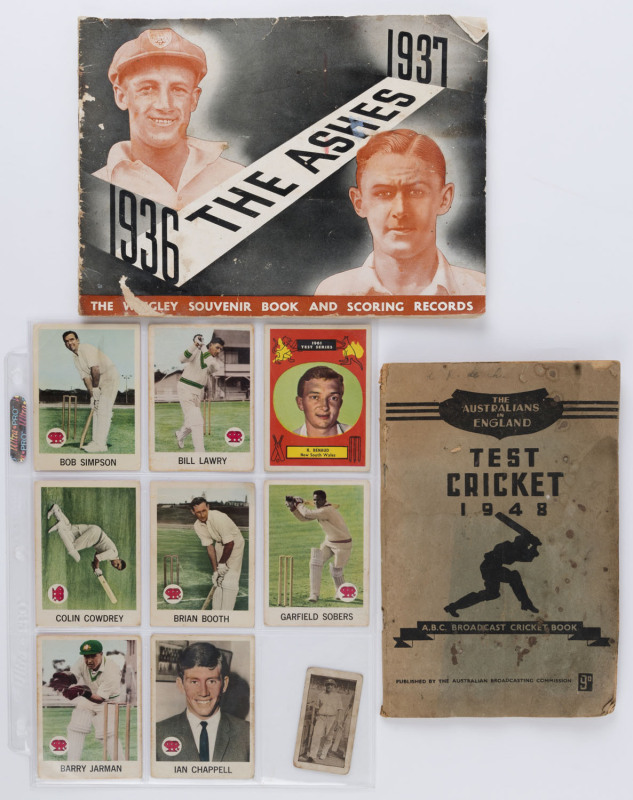 Selection including 1961 A&BC Gum Richie Benaud card #36 (scarce),1963 Scanlens [7/40] incl. Bill Lawry, Ian Chappell, Garfield Sobers & Colin Cowdrey plus 1930s Allen's Bradman's Records card #13; condition fair/VG; also 1936-37 "The Ashes" Wrigley Souve