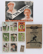 Selection including 1961 A&BC Gum Richie Benaud card #36 (scarce),1963 Scanlens [7/40] incl. Bill Lawry, Ian Chappell, Garfield Sobers & Colin Cowdrey plus 1930s Allen's Bradman's Records card #13; condition fair/VG; also 1936-37 "The Ashes" Wrigley Souve
