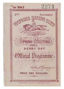 VICTORIA RACING CLUB: 1928 Victoria Derby '1st Day, 3rd November, Victoria Racing Club, Spring Meeting, 1928, Derby Day, Official Programme'.The 1928 Victoria Derby was won by Strephon; the following year it was won by Phar Lap who also won the AJC Derby 