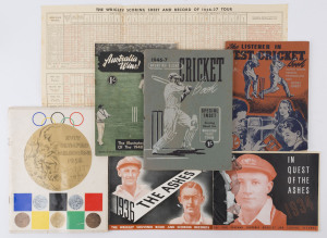 1930s-50s JOURNALS: with "In Quest of the Ashes 1934: Don Bradman Souvenir Booklet", "1937 The Ashes: Wrigley Souvenir Book" with pull-out scoring sheet, "1946-47 Sporting Globe Cricket Book", "The 'Listener In' Test Cricket Book - For the Fireside on Test Match Nights, June to August, 1948", "Australia Wins - The Illustrated Story of the 1948 Tests", "Kings of Cricket - Australia or West Indies: Guide for 1951-52 Test Series";