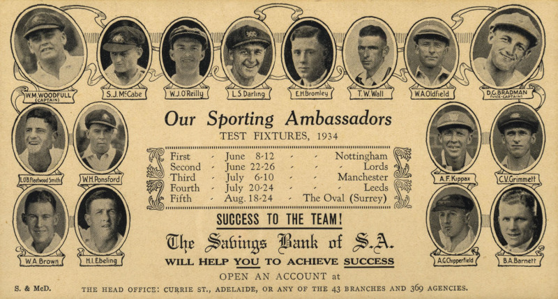 1934 AUSTRALIAN TOUR OF ENGLAND: Original 'The Savings Bank of South Australia' advertising ink blotter, unused. To face are printed  pictures of the Australian team with Test match fixtures to centre and 'Our Sporting Ambassadors. Test Fixtures 1934. Suc