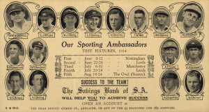 1934 AUSTRALIAN TOUR OF ENGLAND: Original 'The Savings Bank of South Australia' advertising ink blotter, unused. To face are printed pictures of the Australian team with Test match fixtures to centre and 'Our Sporting Ambassadors. Test Fixtures 1934. Success to the Team! The Savings Bank of South Australia will help you to achieve success' below. Pink ink blotter to verso. Rare. Excellent condition, 10 x 18.5cm.