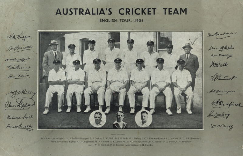 1934 AUSTRALIAN TEAM, team photograph, with title "Australia's Cricket Team, English Tour 1934, and players names printed below the image & their facsimile autographs printed on the mount to each side, framed & glazed, overall 48 x 63cm.