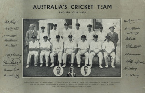 1934 AUSTRALIAN TEAM, team photograph, with title "Australia's Cricket Team, English Tour 1934, and players names printed below the image & their facsimile autographs printed on the mount to each side, framed & glazed, overall 48 x 63cm.