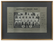 1934 AUSTRALIAN TEAM, team photograph, with title "Australia's Cricket Team, English Tour 1934, and players names printed below the image & their facsimile autographs printed on the mount to each side, framed & glazed, overall 48 x 63cm. - 2