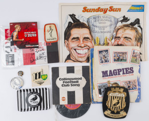 COLLINGWOOD & ST KILDA: memorabilia array with COLLINGWOOD: Collingwood Football Song 45rpm vinyl record recorded by Fable Singers (1972), c.late 1970s Magpies wall plaque, melamine pin tray & pin badge, Collingwood/BP decal by Selex, 1990 'Sunday Sun' p