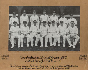 1930 AUSTRALIAN TOUR OF ENGLAND: Early 'Viyella' printed advertising photograph, laid down to photographers mount, with title to lower border 'The Australian Cricket Team (1930) clothed throughout in Viyella'. 'New Zealand, previous Australian and West Indies Cricket Teams also chose 'Viyella' for their Sports Outfits'. Attractively framed & glazed, overall 51 x 61cm.