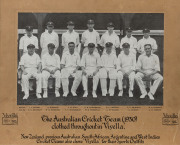 1930 AUSTRALIAN TOUR OF ENGLAND: Early 'Viyella' printed advertising photograph, laid down to photographers mount, with title to lower border 'The Australian Cricket Team (1930) clothed throughout in Viyella'. 'New Zealand, previous Australian and West In