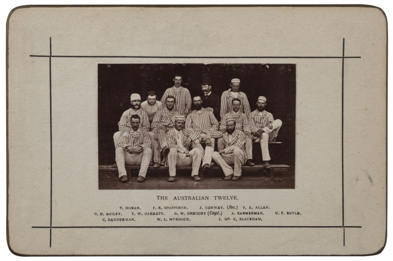 1878 THE AUSTRALIAN TEAM TO ENGLAND & NORTH AMERICA: original albumen photograph, laid down on backing page with the names of "The Australian Twelve" printed below. Overall 11 x 17cm. (Framed & glazed, 36 x 31cm.).