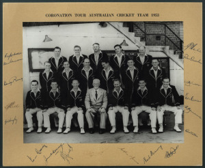 1953 AUSTRALIAN TEAM TO ENGLAND: Official team photograph laid down on mount with the printed title at top "CORONATION TOUR AUSTRALIAN CRICKET TEAM 1953" with the full squad surrounded by their original pen autographs in the surrounding margins. (Nearly 7