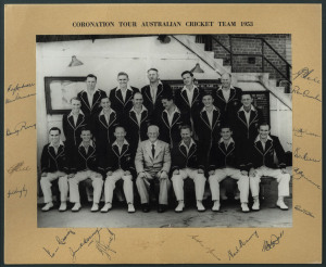 1953 AUSTRALIAN TEAM TO ENGLAND: Official team photograph laid down on mount with the printed title at top "CORONATION TOUR AUSTRALIAN CRICKET TEAM 1953" with the full squad surrounded by their original pen autographs in the surrounding margins. (Nearly 70 years ago!!). Framed & glazed, overall 59 x 50cm.
