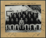 1953 AUSTRALIAN TEAM TO ENGLAND: Official team photograph laid down on mount with the printed title at top "CORONATION TOUR AUSTRALIAN CRICKET TEAM 1953" with the full squad surrounded by their original pen autographs in the surrounding margins. (Nearly 7