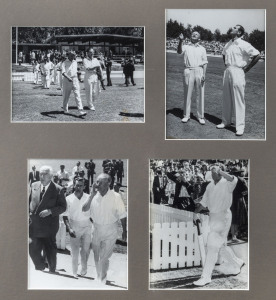 FEBRUARY 1963 - BRADMAN'S LAST MATCH: MANUKA OVAL, CANBERRA.Fifteen years after his last appearance withe the Australian Test team, Bradman accepted the invitation from Prime Minister Robert Menzies to lead his "Prime Ministers XI" against an M.C.C. Touring team led by Ted Dexter. Bradman remarked "I have just played my last game of cricket," at a function at Robert Menzies' residence later that night. "The cricket bat has seen the last of me." Four press photographs from the day, mounted