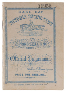 OFFICIAL PROGRAMME/RACE BOOK: 1929 VRC Oaks 'Oaks Day, Victoria Racing Club, Spring Meeting, 1929, Official Programme' (Thursday 7th November), the Previous Winners pages recording Phar Lap's 1st in the Victoria Derby & 3rd in the Melbourne Cup. 