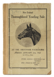 HARRY TELFORD'S NEW ZEALAND THOROUGHBRED YEARLING SALE: Catalogue "New Zealand Thoroughbred Yearling Sale" for January 21st 1927, endorsed "First" & "Official Catalogue" and signed by the auctioneer D.W.J.Gould, with extensive notes and annotations throug