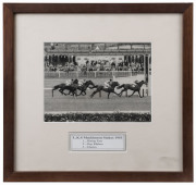 THE 1954 MELBOURNE CUP WINNER - RISING FAST: Jockey Silks believed to have been worn by Jack Purtell during the 1954 Melbourne Cup, purple body, black sleeves with pale gold bands, archivally framed, overall 86x83cm. Accompanied by a framed original press - 3