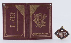 Victoria Amateur Turf Club member's badge (No.3) for 1930-1931 made by Stokes; plus a VRC Members Ticket for the same period (L69) red leather with gilt embossing, completed in manuscript for Mrs. S. Lazarus. (2 items).This membership year included Novemb