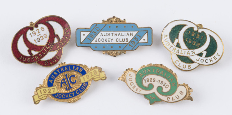 AUSTRALIAN JOCKEY CLUB MEMBERSHIP BADGES for 1927-28, 1928-29, 1929-30, 1930-31 and 1931-32; the first 4 made in England, the last by Angas & Coote, Sydney. (5).