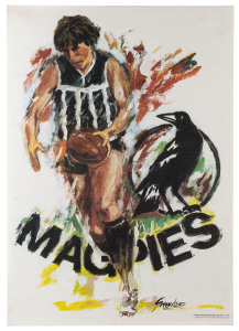 JOSEPH GREENBERG (1923 - 2007) SANFL posters, circa 1980, as issued, for "The Magpies", "Sturt", "The Eagles" and "The Redlegs", each poster signed by Greenberg in the plate and with the "SPORTSPLAN MARKETING PTY LTD" imprint at lower right. Each 64 x 46c