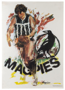 JOSEPH GREENBERG (1923 - 2007) SANFL posters, circa 1980, as issued, for "The Magpies", "Sturt", "The Eagles" and "The Redlegs", each poster signed by Greenberg in the plate and with the "SPORTSPLAN MARKETING PTY LTD" imprint at lower right. Each 64 x 46cm. (4).