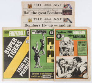 "INSIDE FOOTBALL" : three issues comprising 1980 (Oct 2) "Super Tigers - 1980 VFL Premiers" , "Pick of the Pics, 1980" & "1980 Annual", all with a heavy Richmond FC (Premiers) focus; also "The Age" 1984 & 1985 Grand Final (Essendon FC, Premiers) souvenir issues. (5 items)