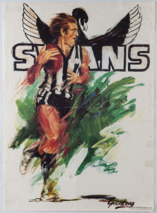 JOSEPH GREENBERG (1923 - 2007) WAFL poster, circa 1980, as issued, for "The Swans", Swan Districts, depicting Stan Nowotny, signed by Greenberg in the plate and with the "SPORTSPLAN MARKETING PTY LTD" imprint at lower right. 62 x 46cm. 