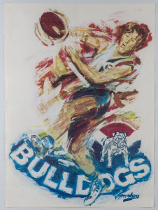JOSEPH GREENBERG (1923 - 2007) SANFL posters, circa 1980, as issued, for the Bulldogs, the Panthers, and the Bloods, each poster signed by Greenberg in the plate but without the "SPORTSPLAN MARKETING PTY LTD" imprint previously noted. All approx. 62 x 46cm. (3).