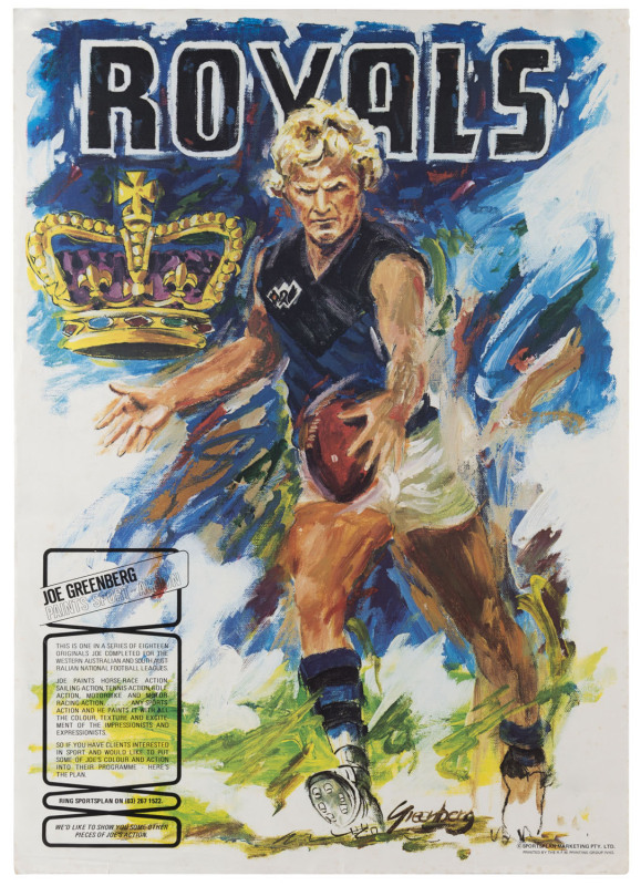 JOSEPH GREENBERG (1923 - 2007) WAFL posters, circa 1980, as issued, for "The Royals", East Perth, and depicting Barry Cable, each poster signed by Greenberg in the plate and with the "SPORTSPLAN MARKETING PTY LTD" imprint at lower right. Additionally, wit
