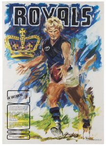 JOSEPH GREENBERG (1923 - 2007) WAFL posters, circa 1980, as issued, for "The Royals", East Perth, and depicting Barry Cable, each poster signed by Greenberg in the plate and with the "SPORTSPLAN MARKETING PTY LTD" imprint at lower right. Additionally, with advertising for the artist, Joe Greenberg, at lower left "JOE GREENBERG PAINTS SPORT-ACTION....We'd like to show you some other pieces of Joe's Action." with a number on which to call Sportsplan. A 2nd example has Sportsplan removed.
